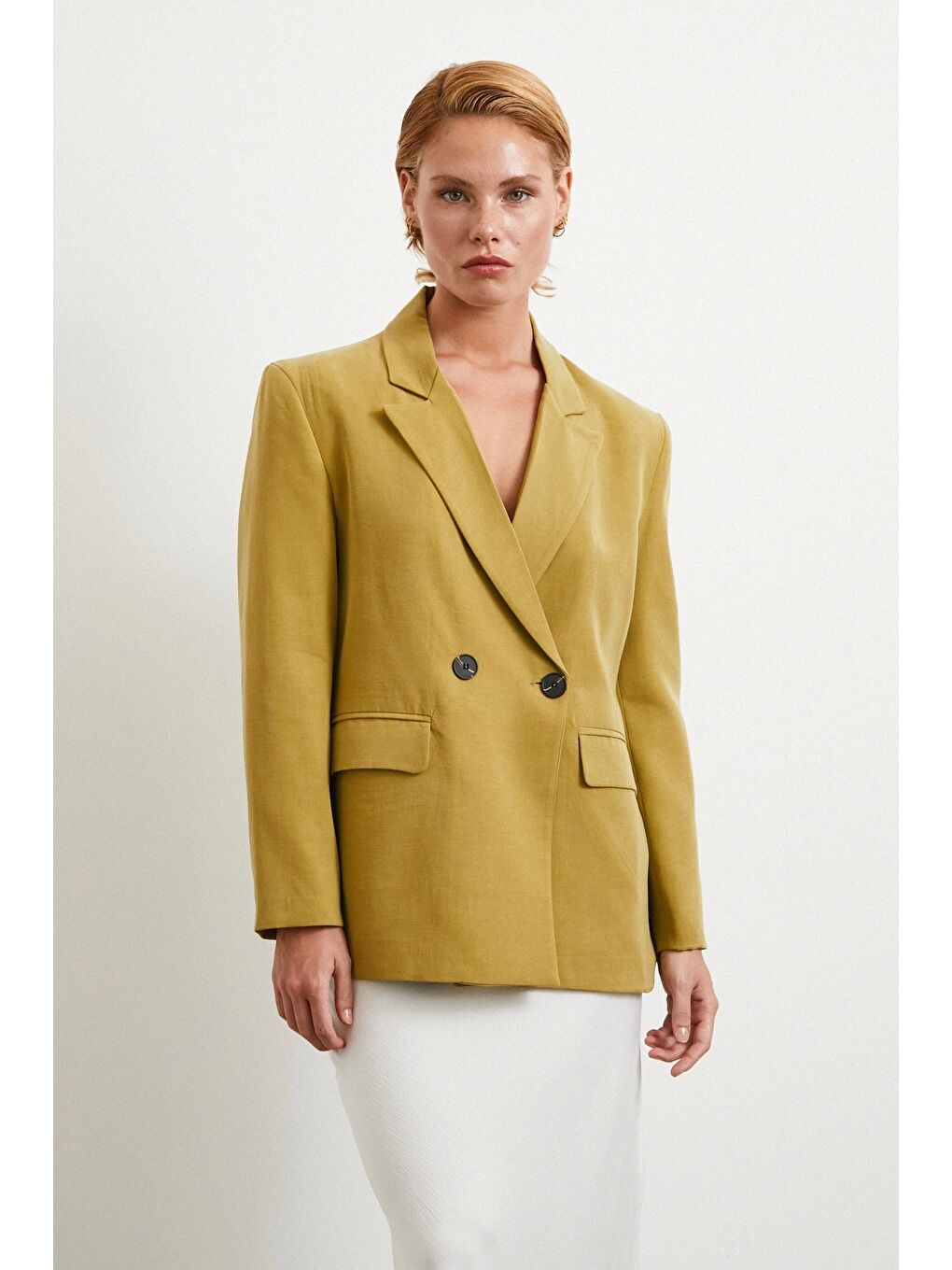 Karışık Çift Düğmeli Keten Blazer Ceket Olive