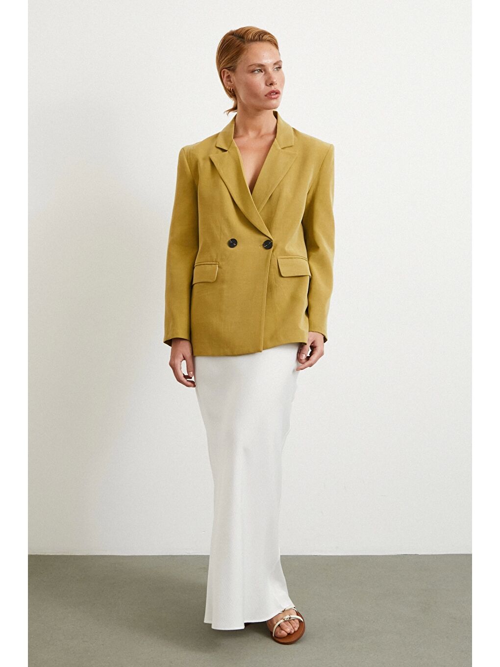 Karışık Çift Düğmeli Keten Blazer Ceket Olive-1