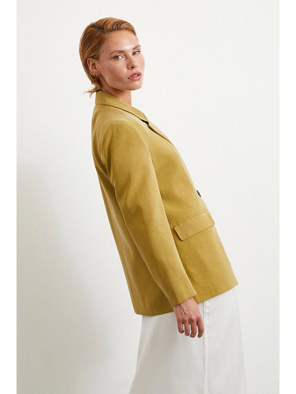Karışık Çift Düğmeli Keten Blazer Ceket Olive-2