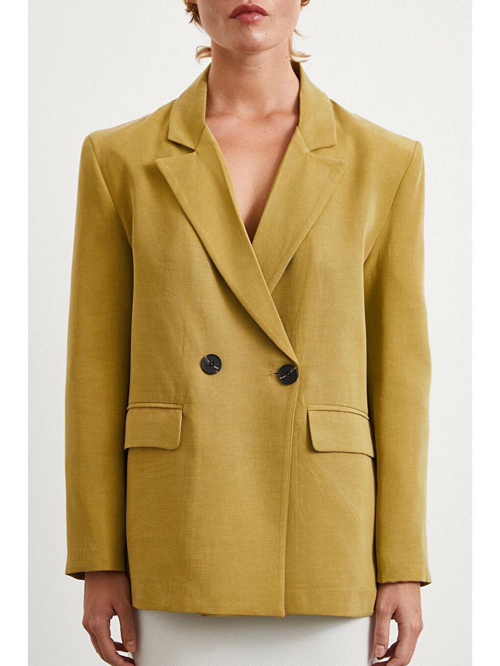 Karışık Çift Düğmeli Keten Blazer Ceket Olive-3