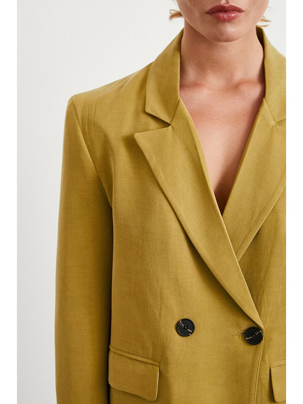 Karışık Çift Düğmeli Keten Blazer Ceket Olive-4