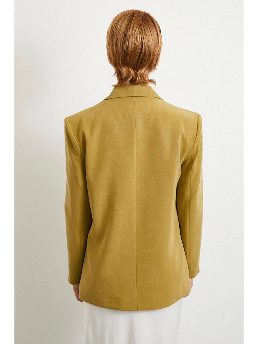 Karışık Çift Düğmeli Keten Blazer Ceket Olive-5