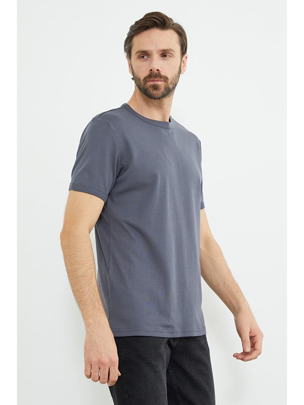 Antrasit Basic Bisiklet Yaka Ribanalı Tişört