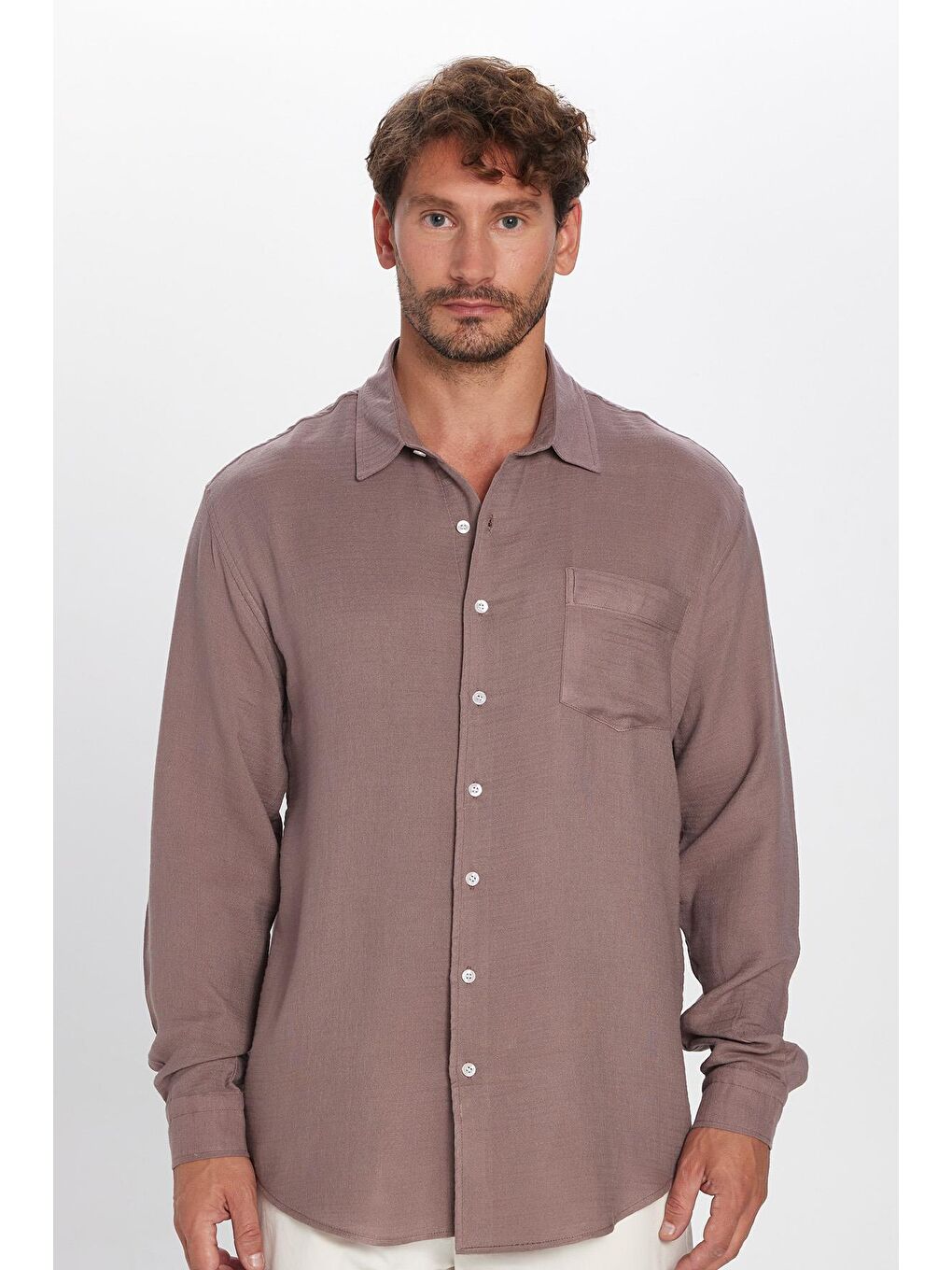 Erkek Relax Fit Rahat Kesim Viskon Pamuklu Tek Cepli Düz Mürdüm Gömlek-2