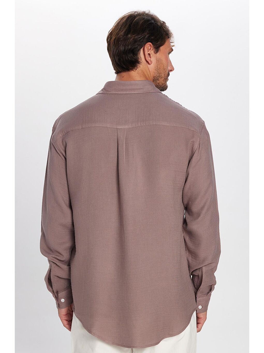 Erkek Relax Fit Rahat Kesim Viskon Pamuklu Tek Cepli Düz Mürdüm Gömlek-4