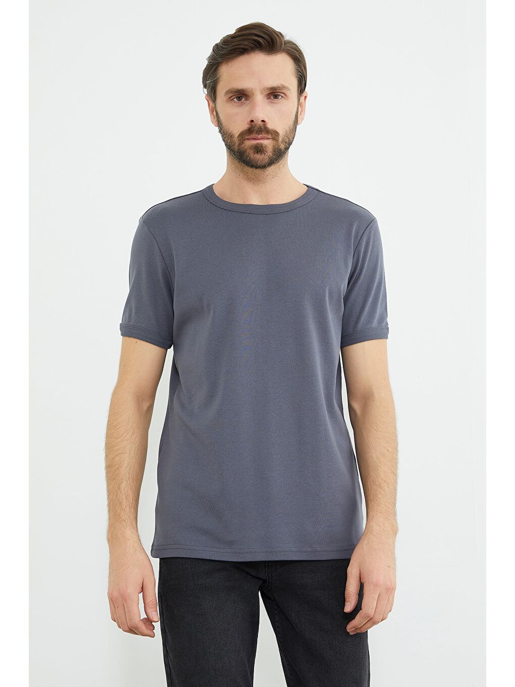 Antrasit Basic Bisiklet Yaka Ribanalı Tişört-1