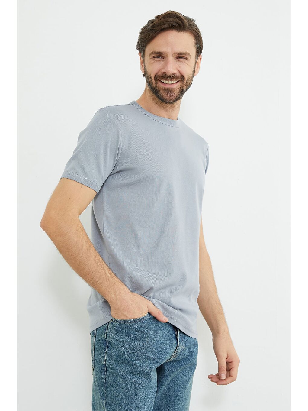 Gri Basic Bisiklet Yaka Ribanalı Tişört-1