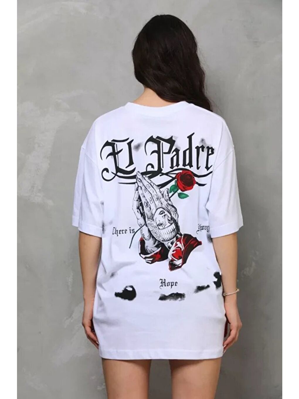 Unisex Bisiklet Yaka Baskılı Oversize T-Shirt - Beyaz-1