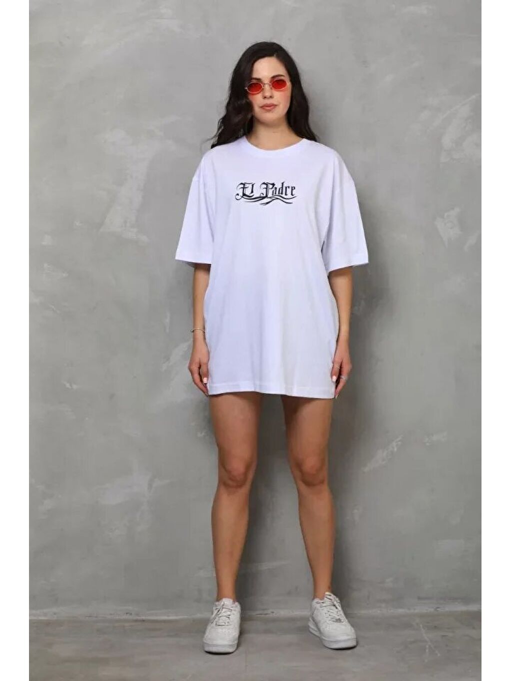 Unisex Bisiklet Yaka Baskılı Oversize T-Shirt - Beyaz-2