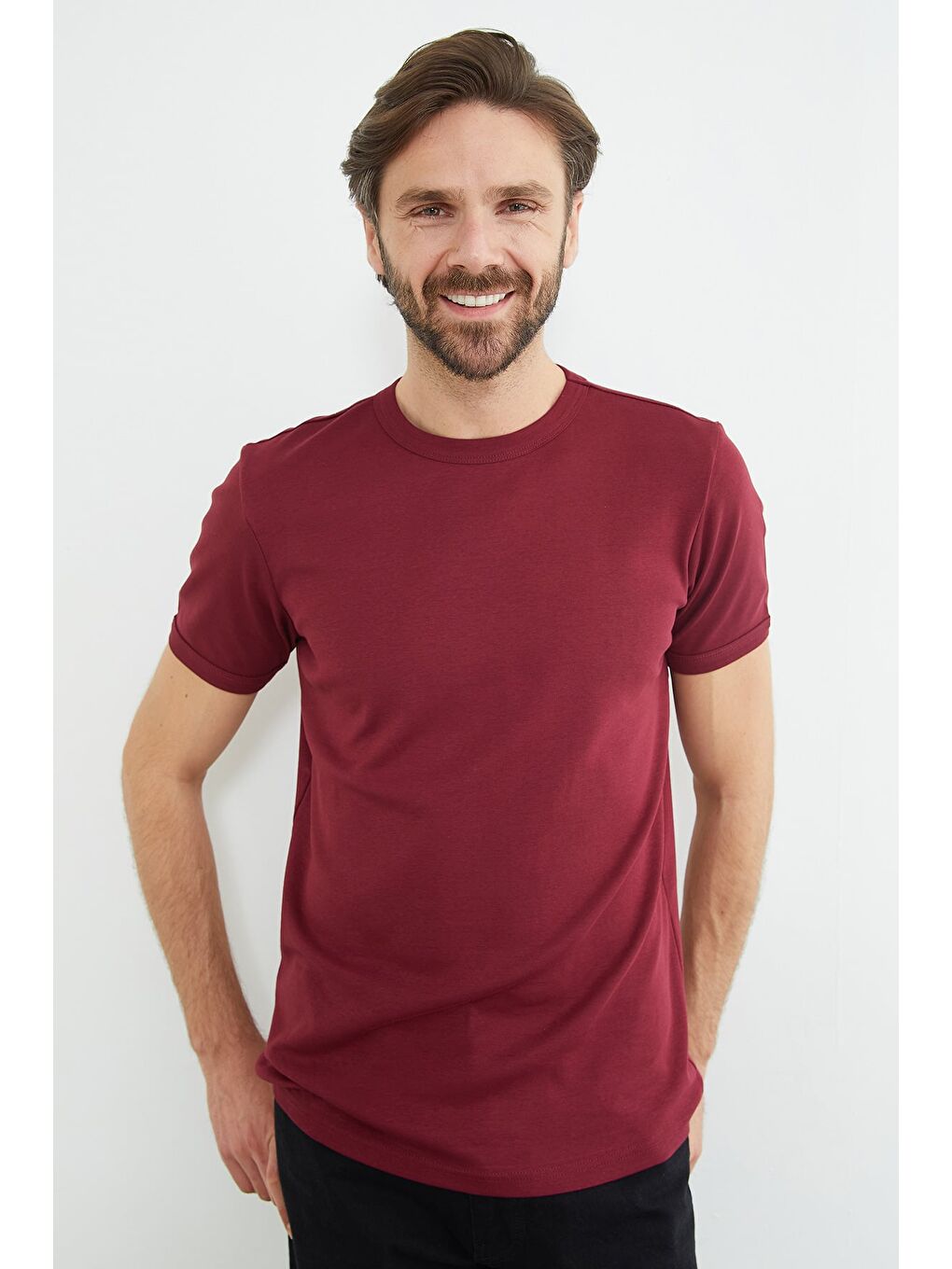 Bordo Basic Bisiklet Yaka Ribanalı Tişört