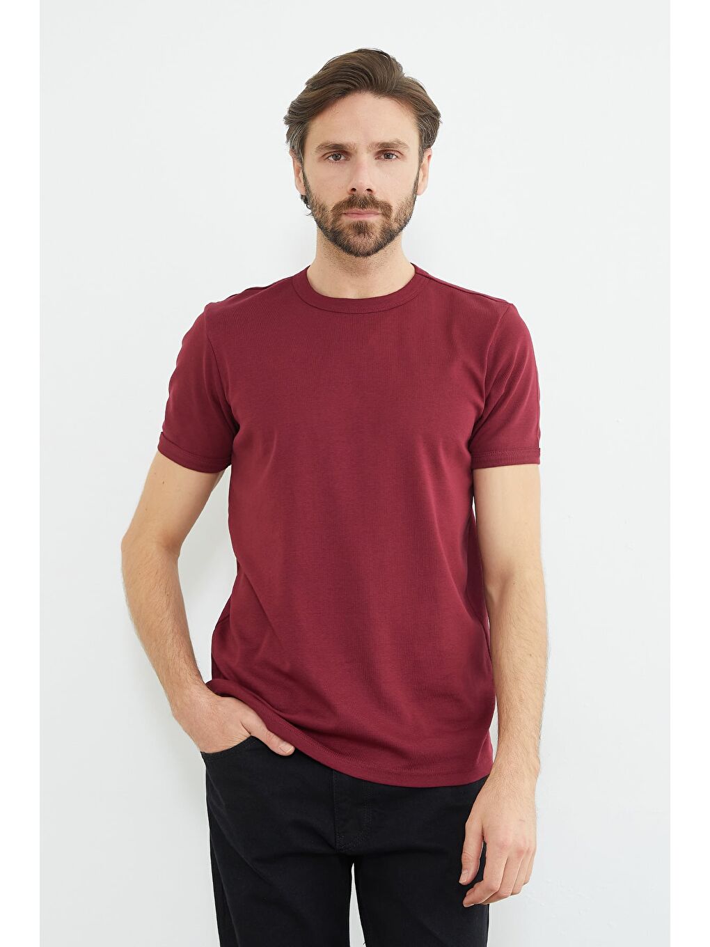 Bordo Basic Bisiklet Yaka Ribanalı Tişört-1