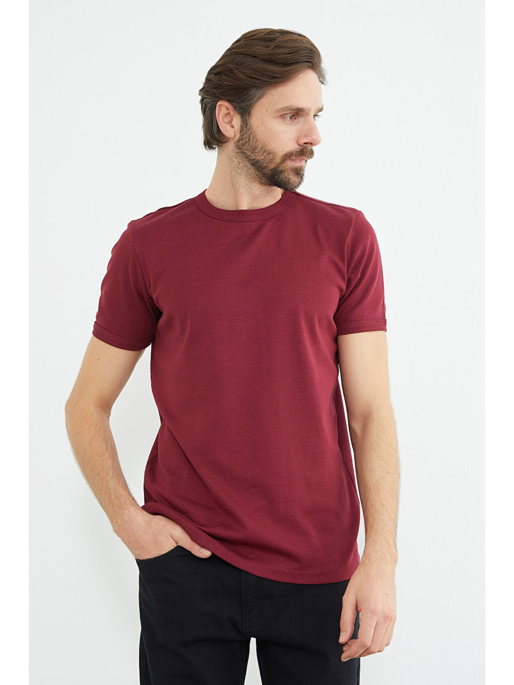 Bordo Basic Bisiklet Yaka Ribanalı Tişört-2