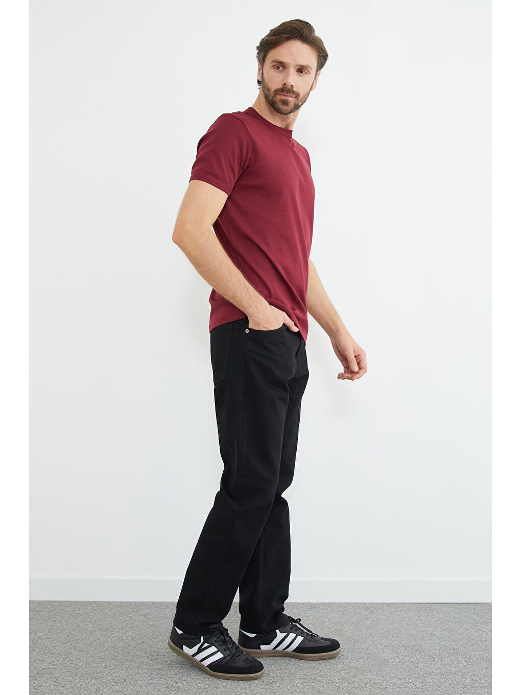 Bordo Basic Bisiklet Yaka Ribanalı Tişört-3