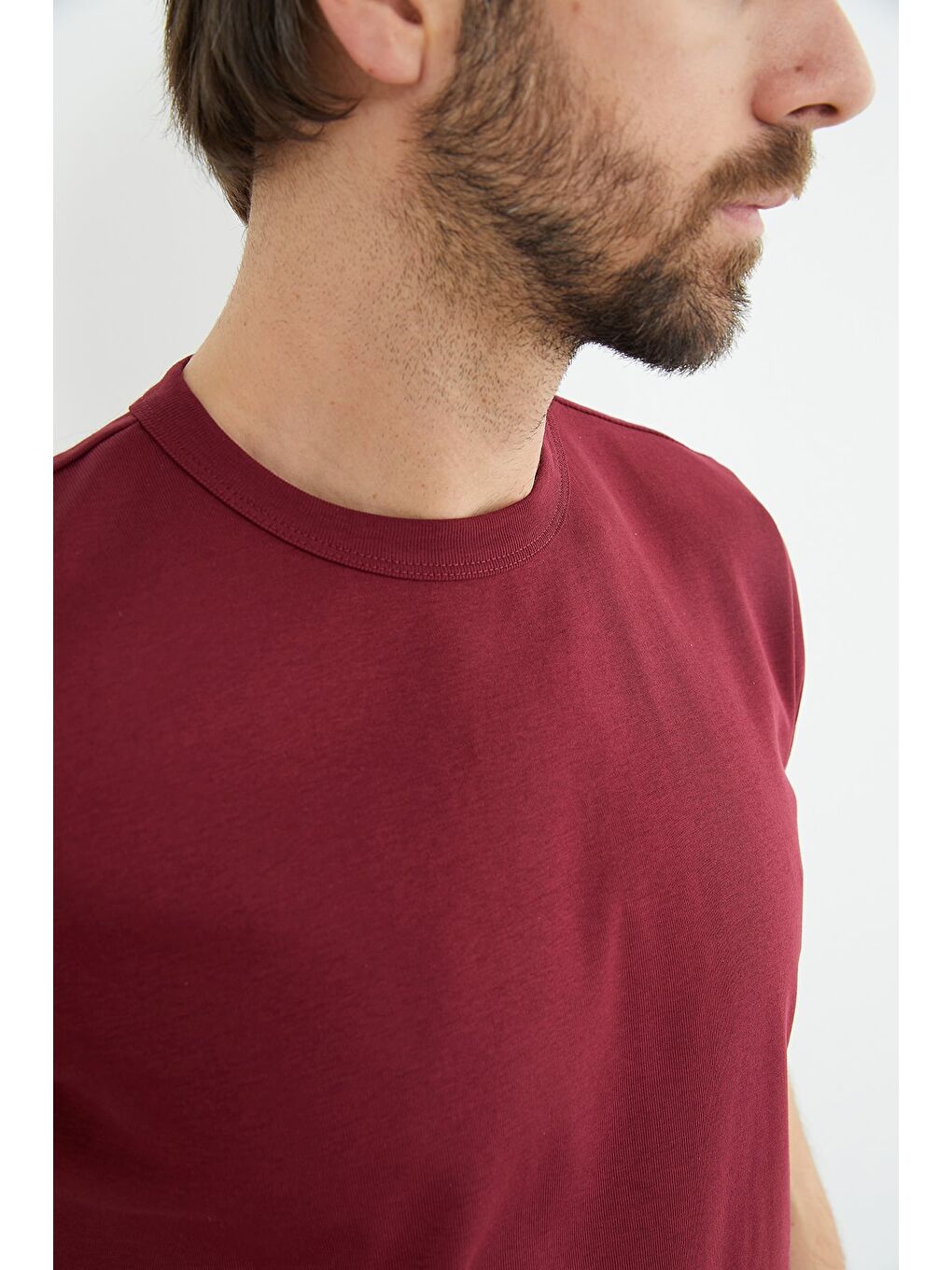 Bordo Basic Bisiklet Yaka Ribanalı Tişört-4