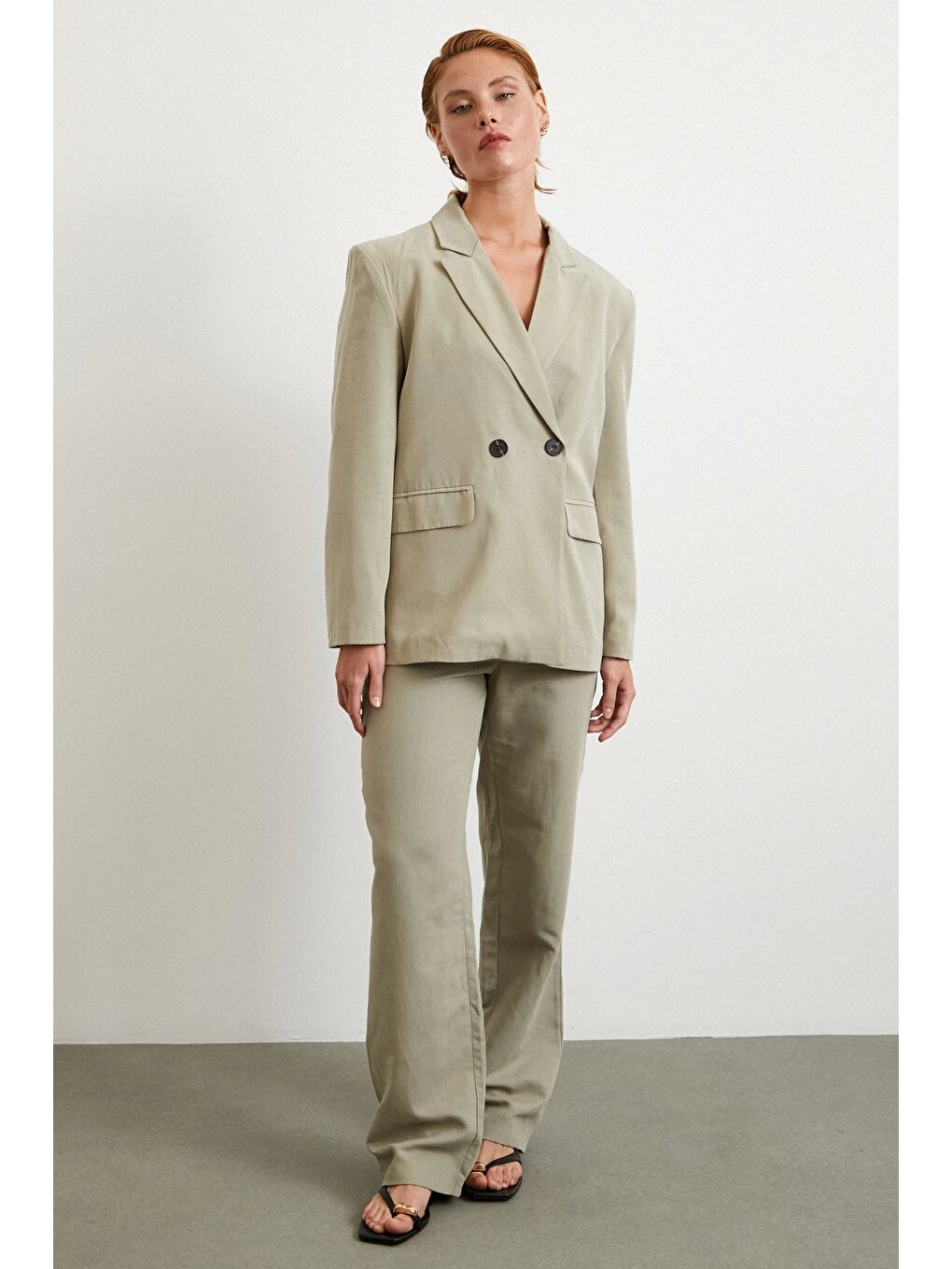 Çift Düğmeli Keten Blazer Ceket Gri-1