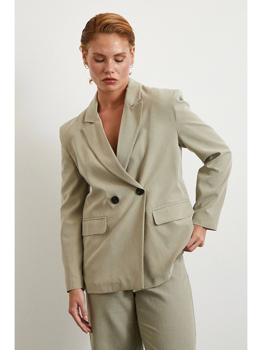 Çift Düğmeli Keten Blazer Ceket Gri-2