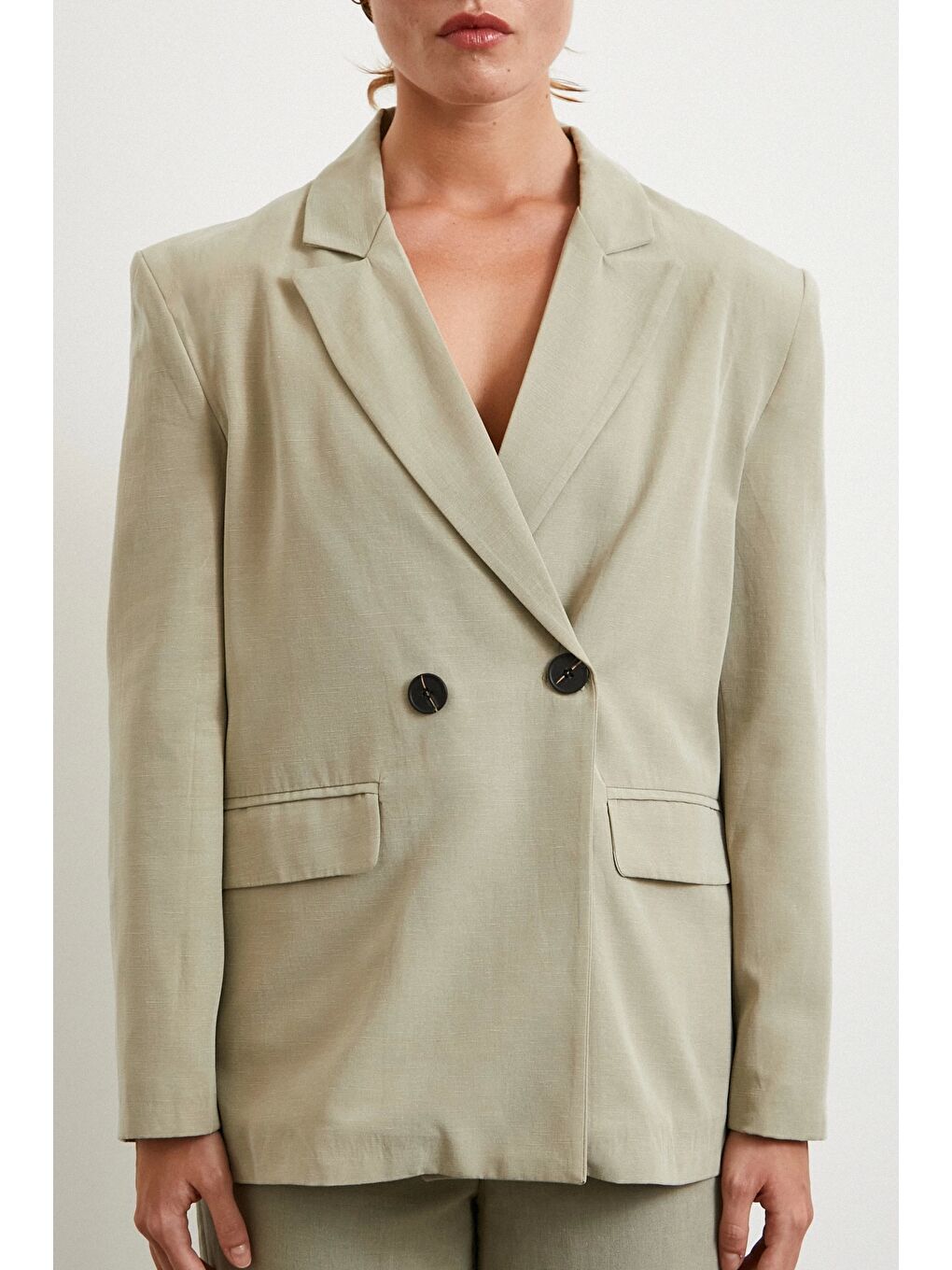 Çift Düğmeli Keten Blazer Ceket Gri-3