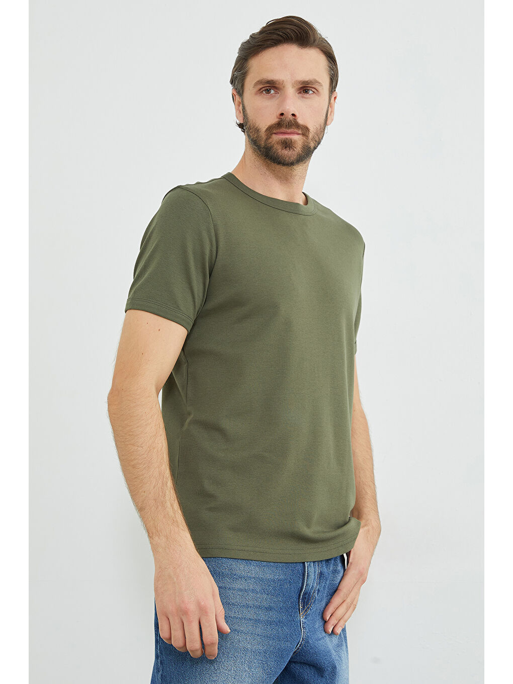 Haki Basic Bisiklet Yaka Ribanalı Tişört-1