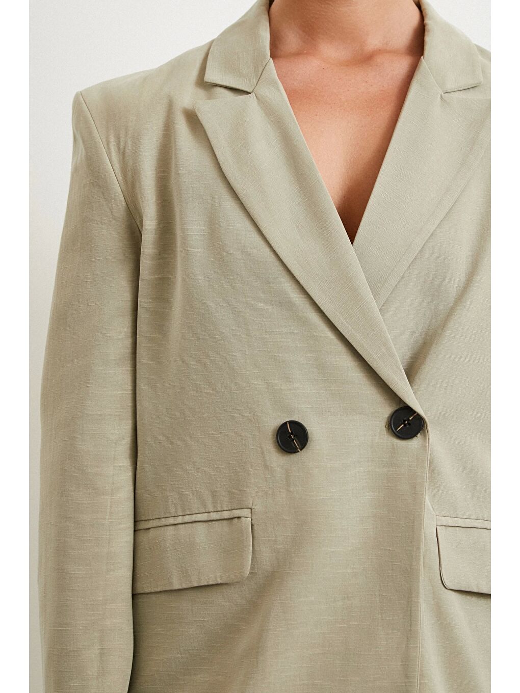 Çift Düğmeli Keten Blazer Ceket Gri-4