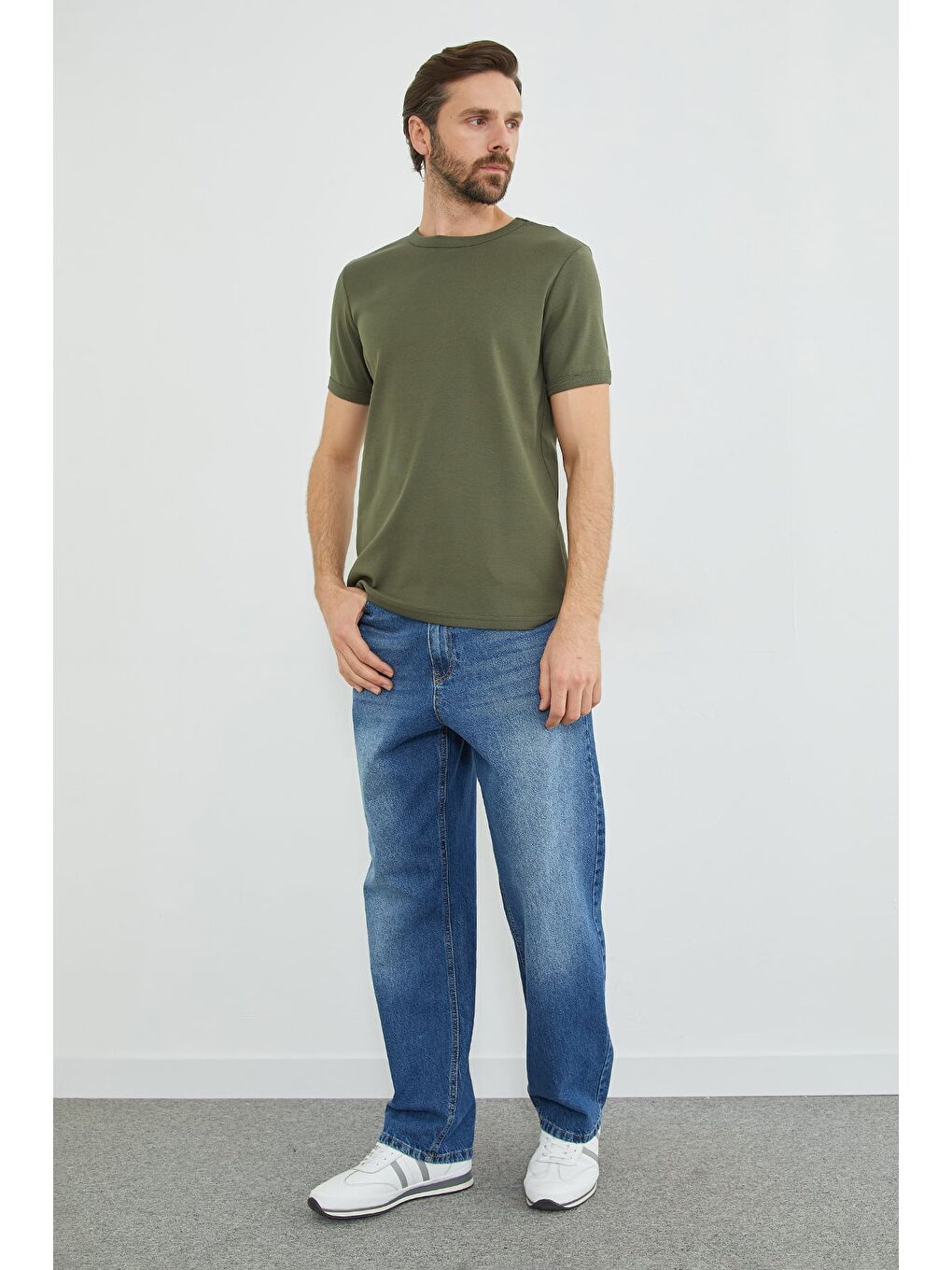 Haki Basic Bisiklet Yaka Ribanalı Tişört-2