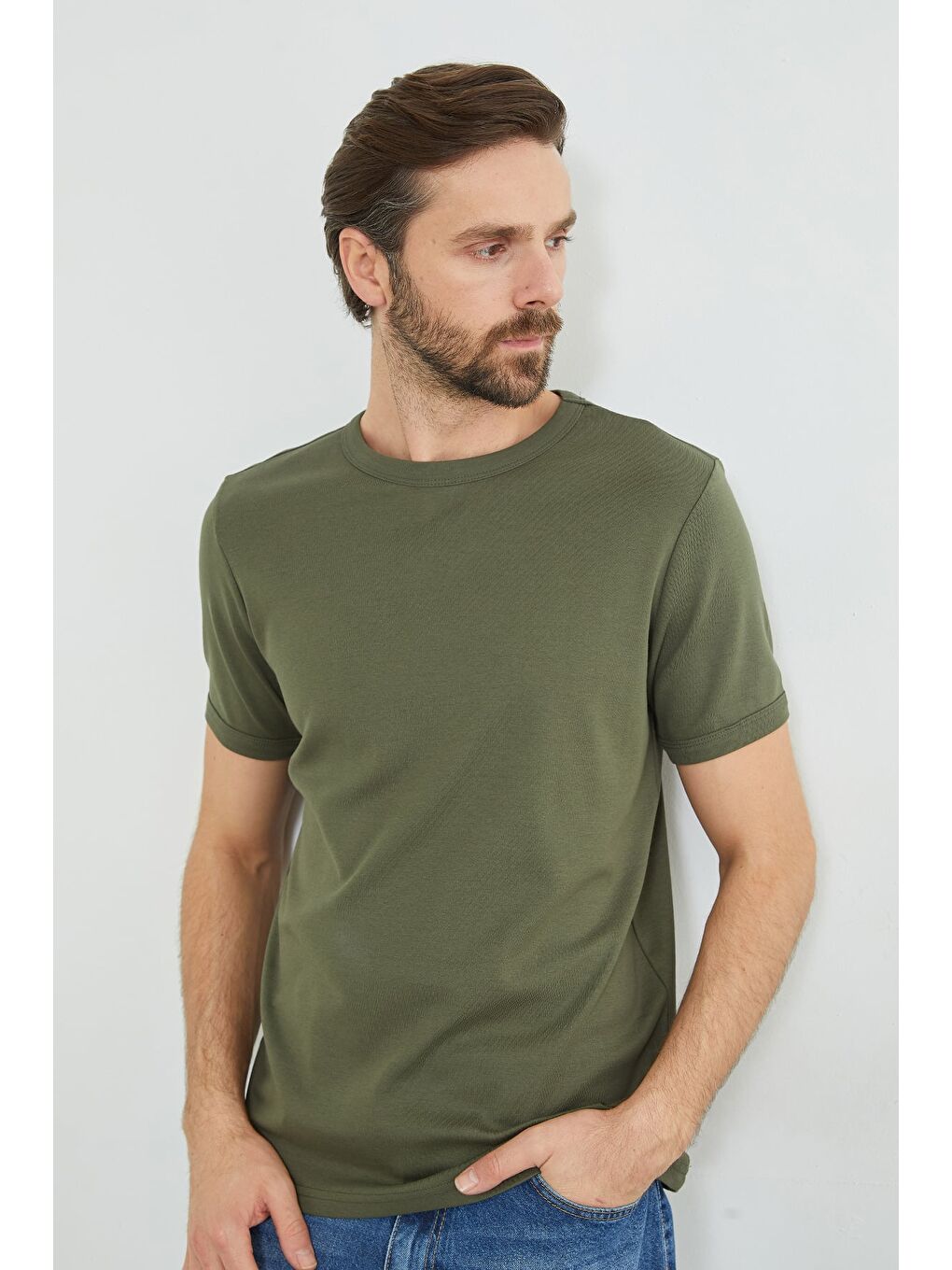 Haki Basic Bisiklet Yaka Ribanalı Tişört-3