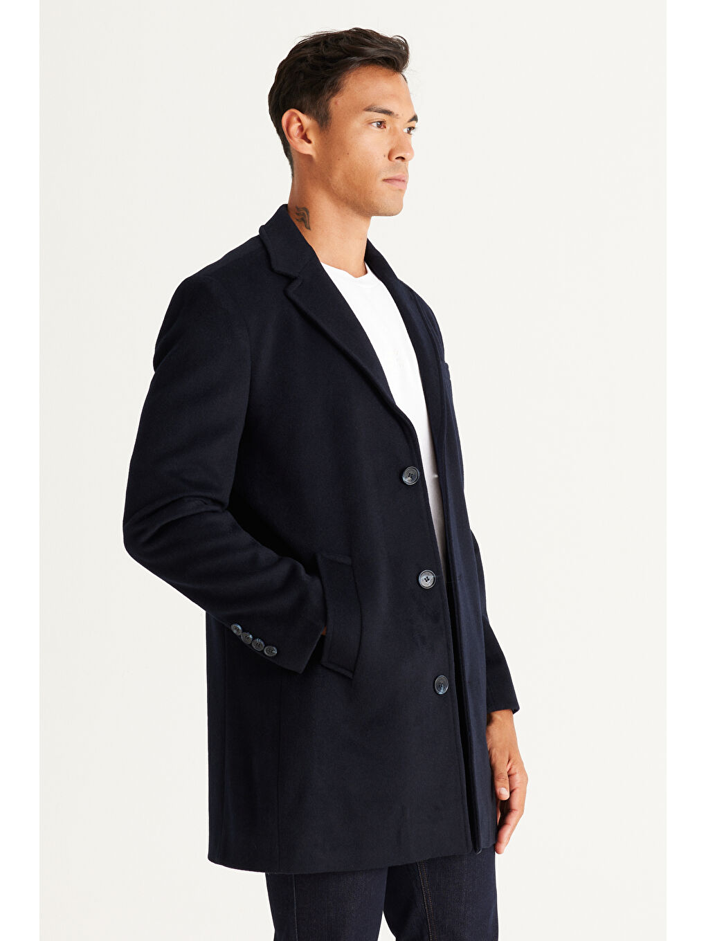 Erkek Lacivert Standart Fit Normal Kesim Mono Yaka Yünlü Palto-1