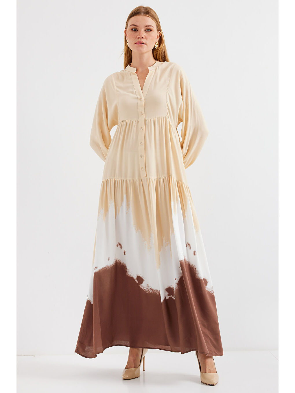 2423 Otantik Desenli Tesettür Elbise - T. Kahverengi-2