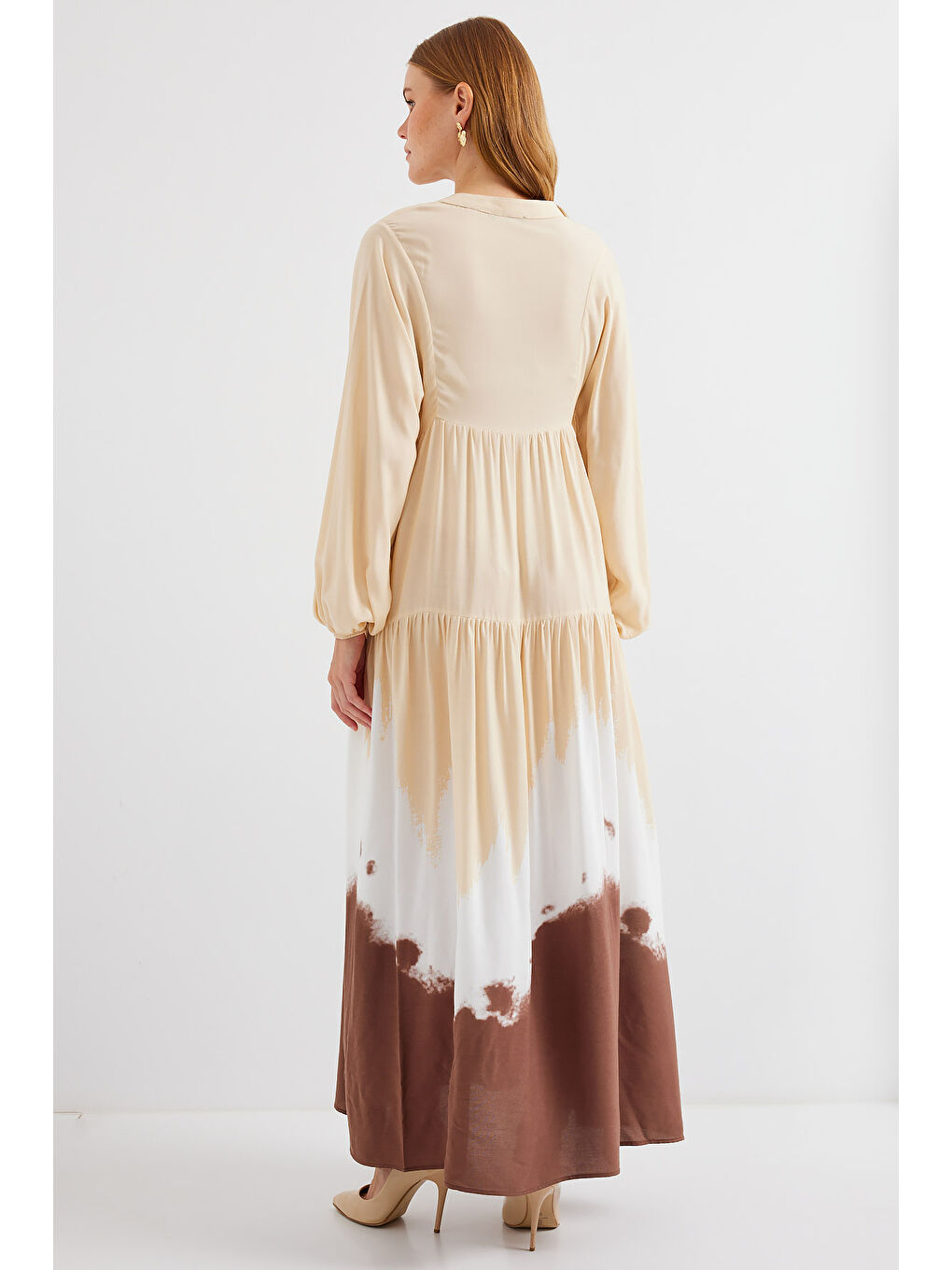 2423 Otantik Desenli Tesettür Elbise - T. Kahverengi-4