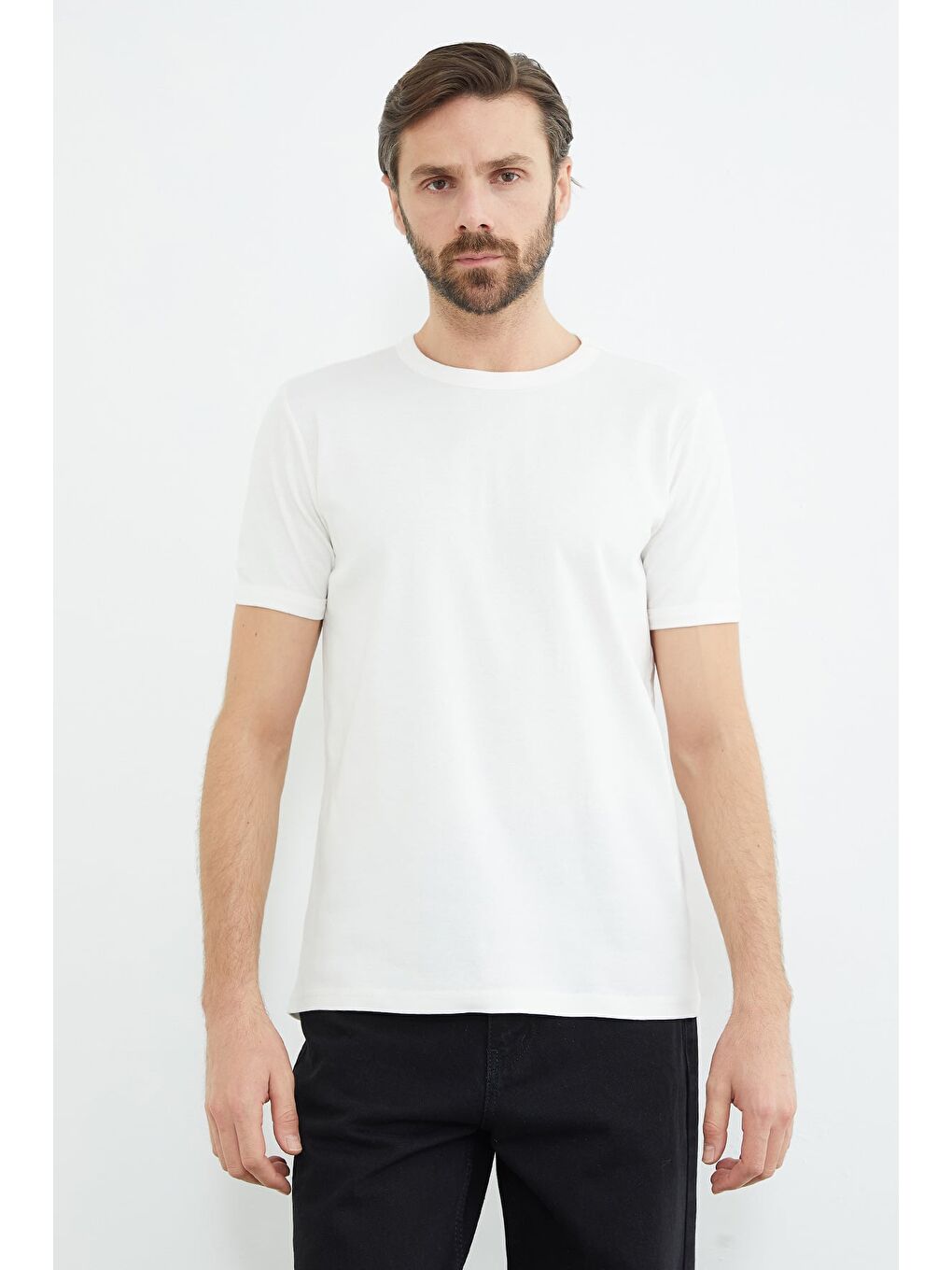 Ekru Basic Bisiklet Yaka Ribanalı Tişört-1