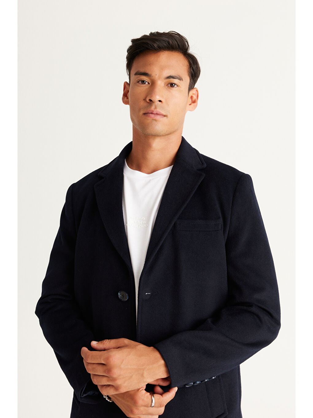 Erkek Lacivert Standart Fit Normal Kesim Mono Yaka Yünlü Palto-3