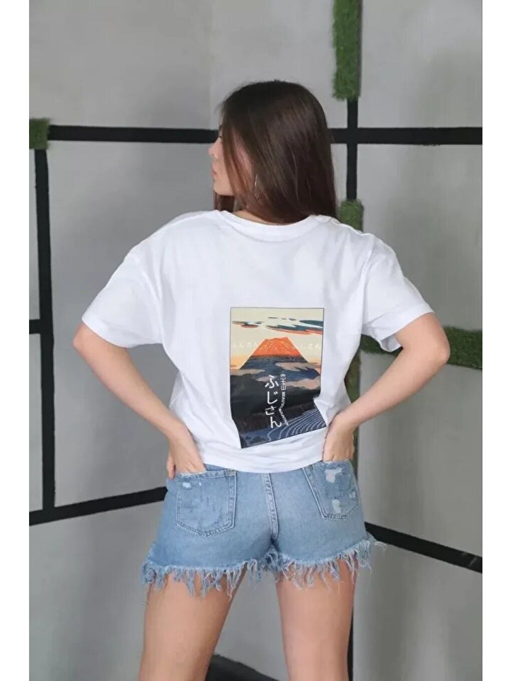 Unisex Bisiklet Yaka Baskılı Oversize T-Shirt- Beyaz-1