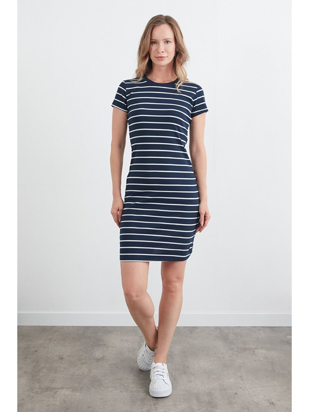 Lacivert Çizgili Bisiklet Yaka Elbise