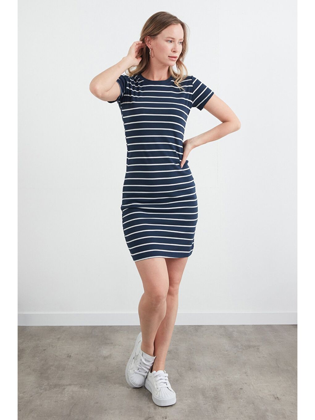 Lacivert Çizgili Bisiklet Yaka Elbise-2