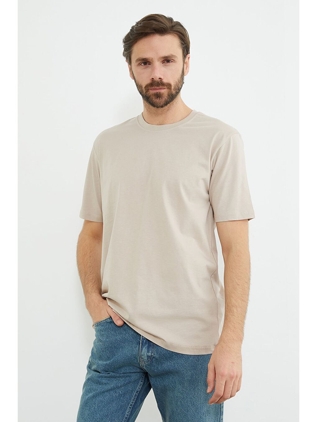 Bej Basic Bisiklet Yaka Tişört-1