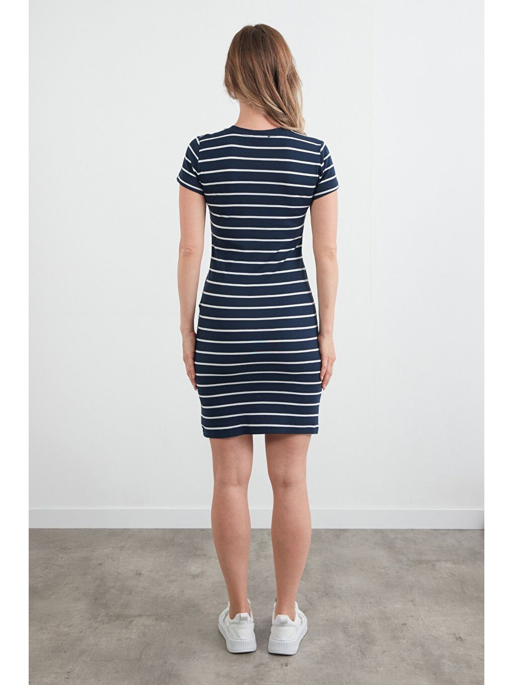 Lacivert Çizgili Bisiklet Yaka Elbise-3