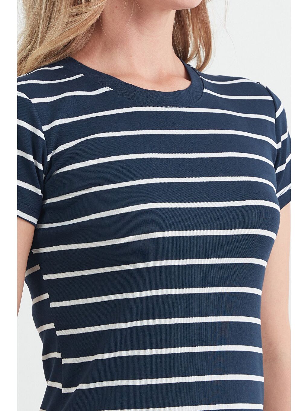 Lacivert Çizgili Bisiklet Yaka Elbise-4