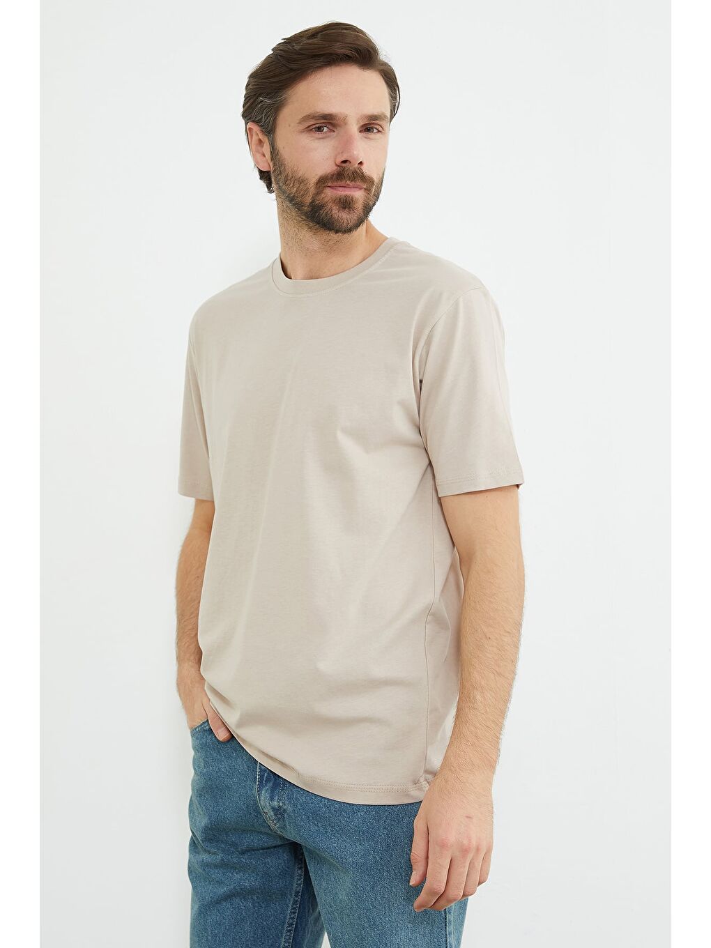 Bej Basic Bisiklet Yaka Tişört-2