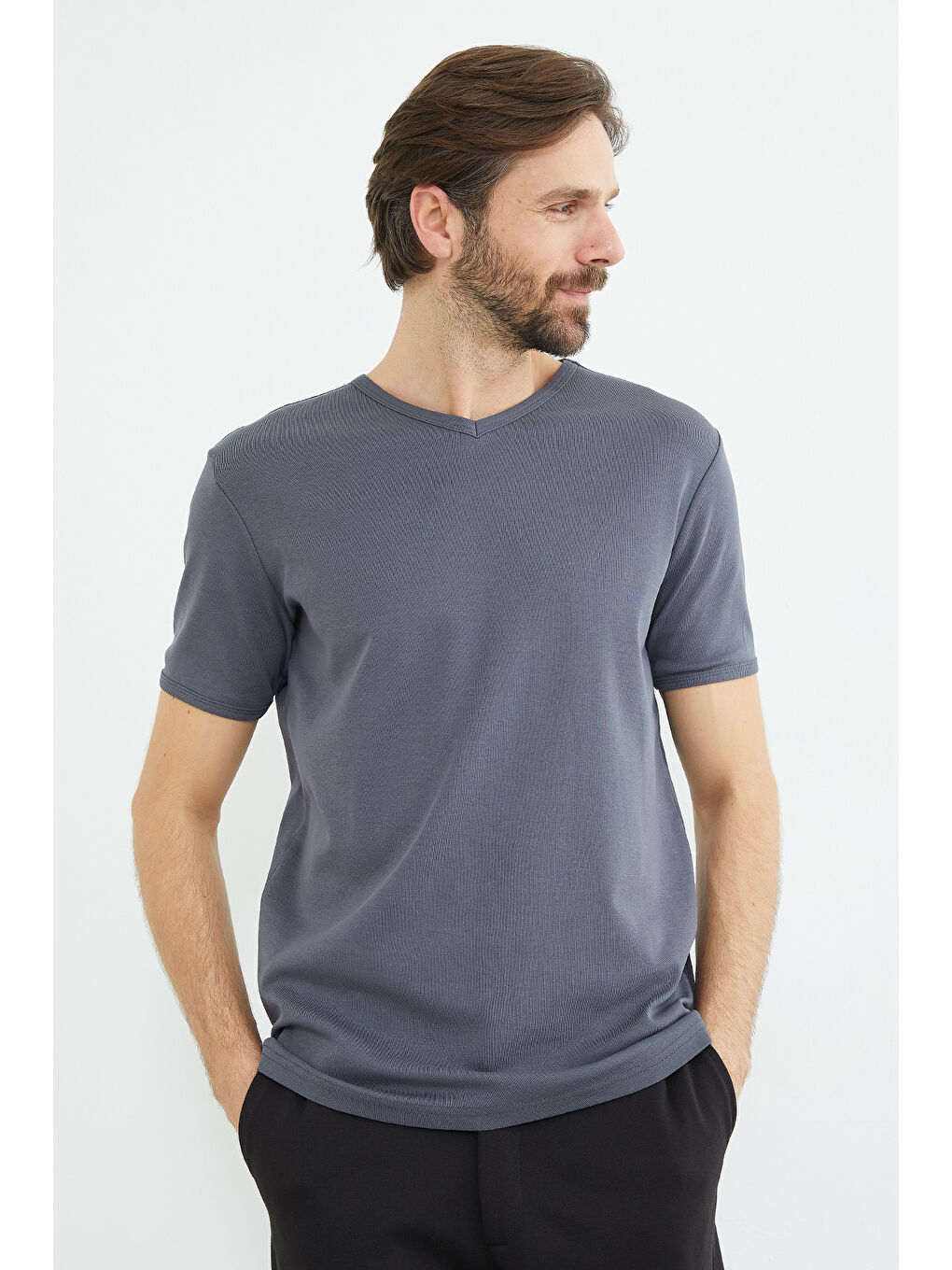 Antrasit Basic Ribanalı V Yaka Tişört-2
