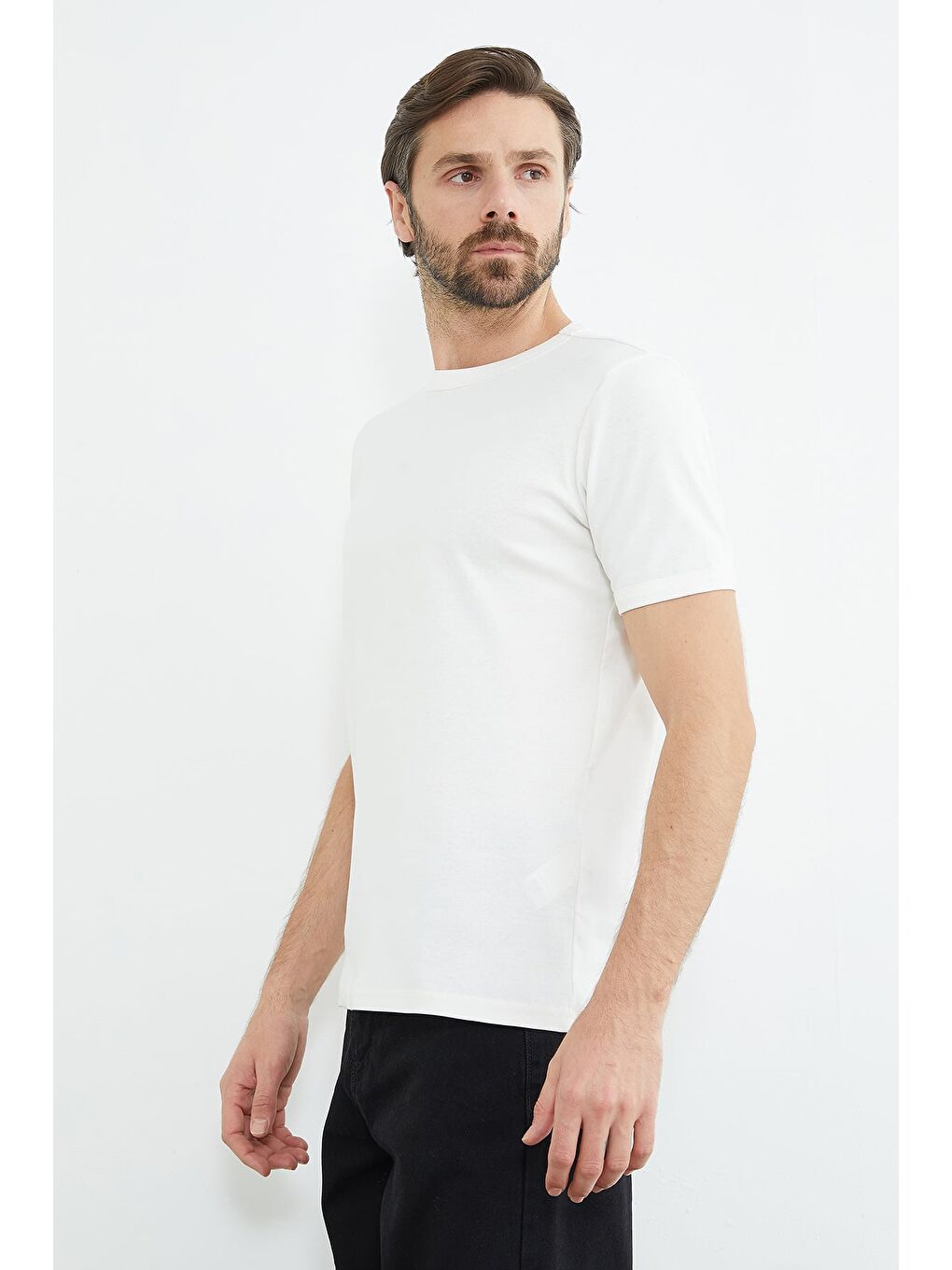 Ekru Basic Bisiklet Yaka Ribanalı Tişört-4