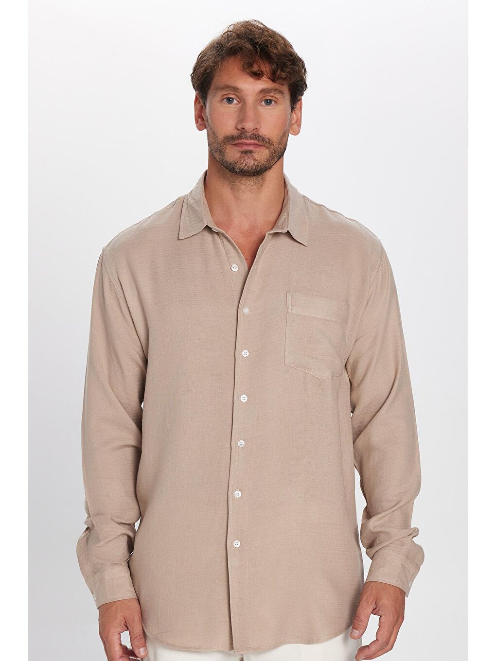 Bej Erkek Relax Fit Rahat Kesim Viskon Pamuklu Tek Cepli Düz Taş Gömlek-2