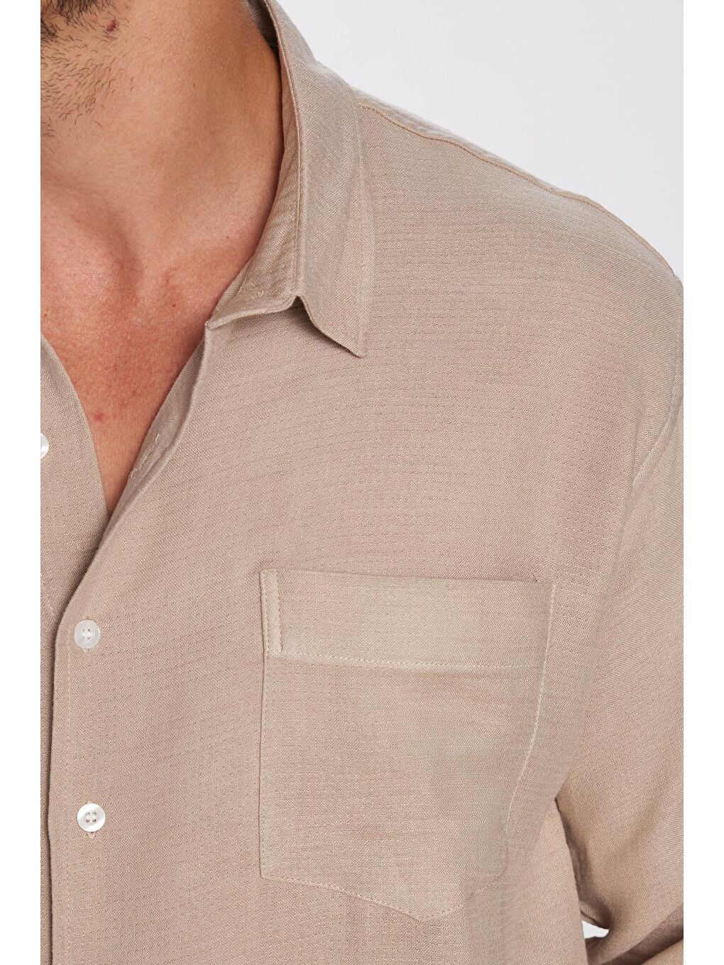 Bej Erkek Relax Fit Rahat Kesim Viskon Pamuklu Tek Cepli Düz Taş Gömlek-3