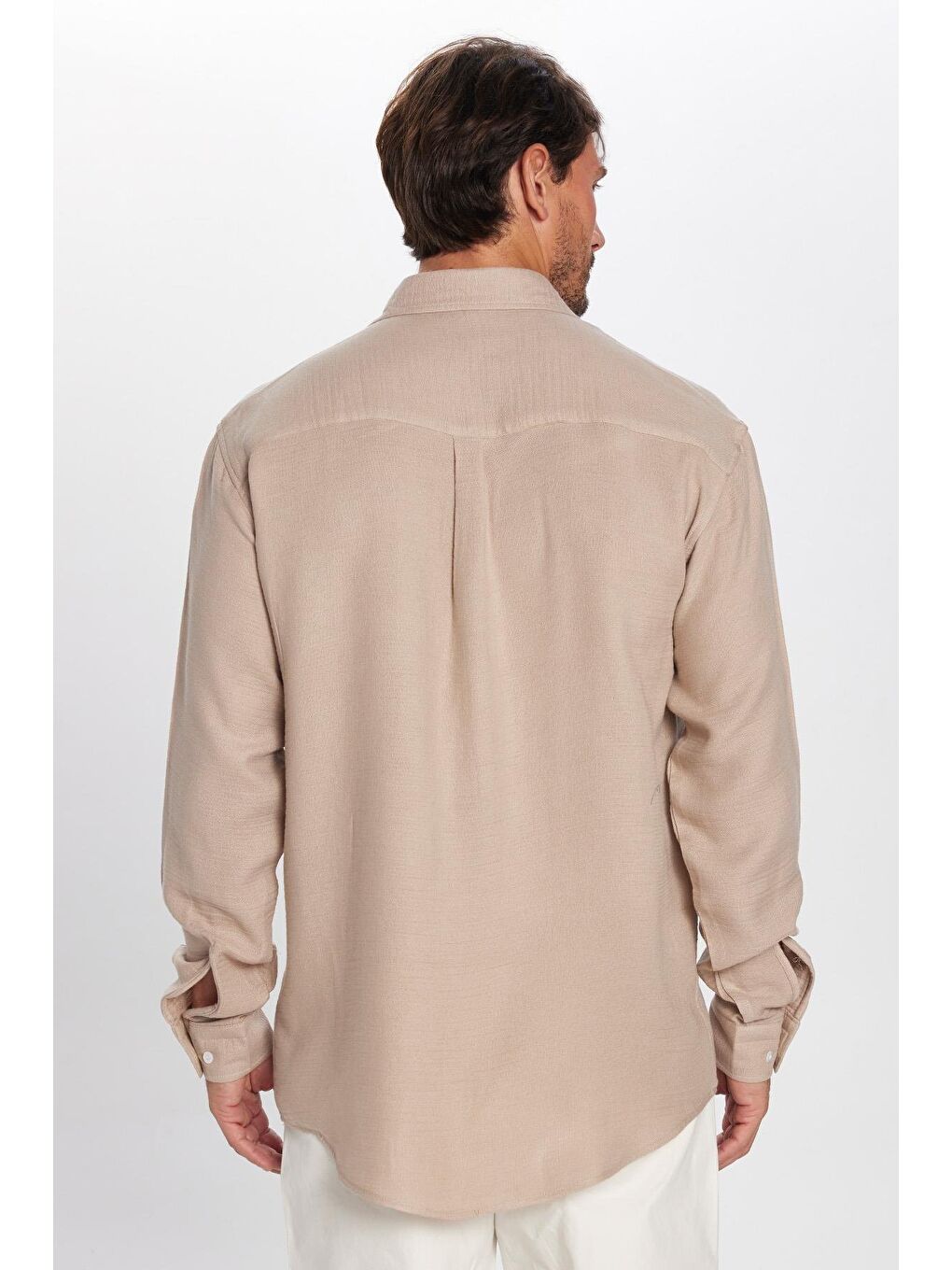 Bej Erkek Relax Fit Rahat Kesim Viskon Pamuklu Tek Cepli Düz Taş Gömlek-4