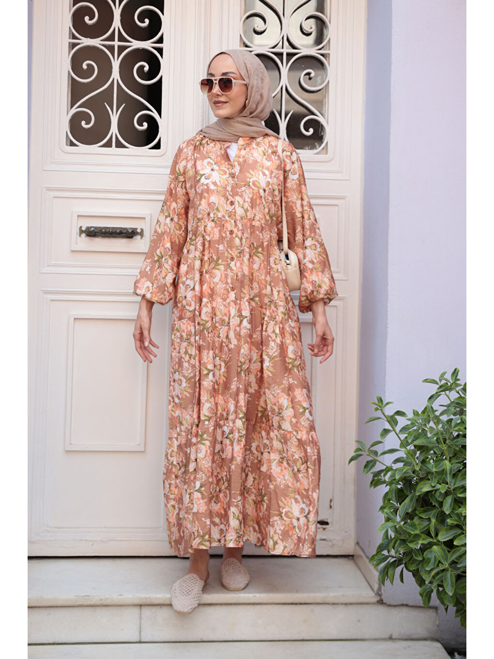 Kadın Zambak Desen Elbise Kahverengi-4