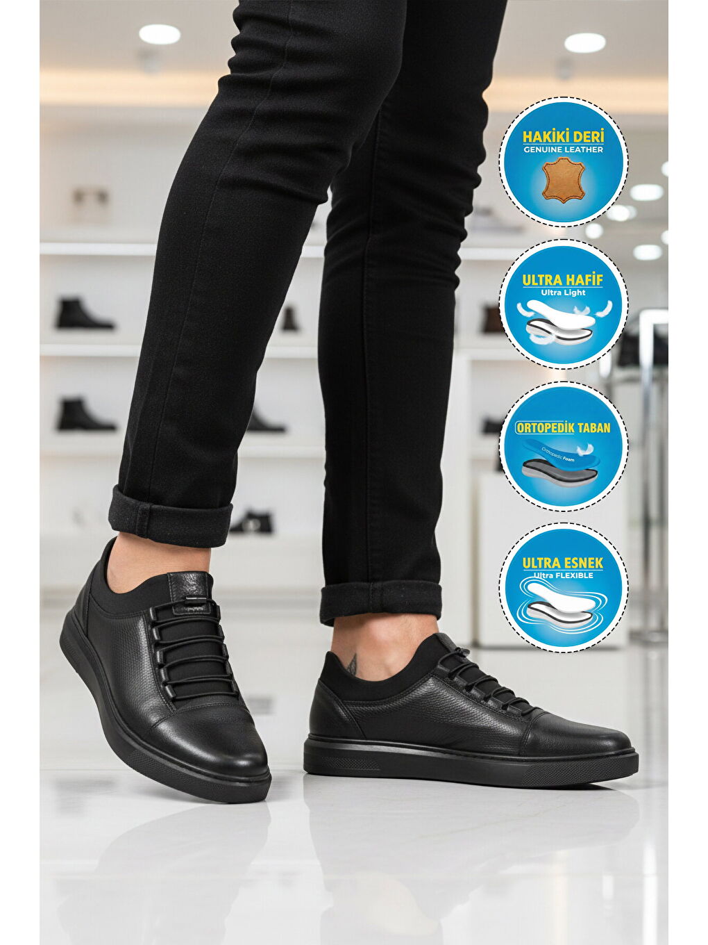Siyah Hakiki Deri Ortopedik Erkek Casual Ayakkabı 422 M-2