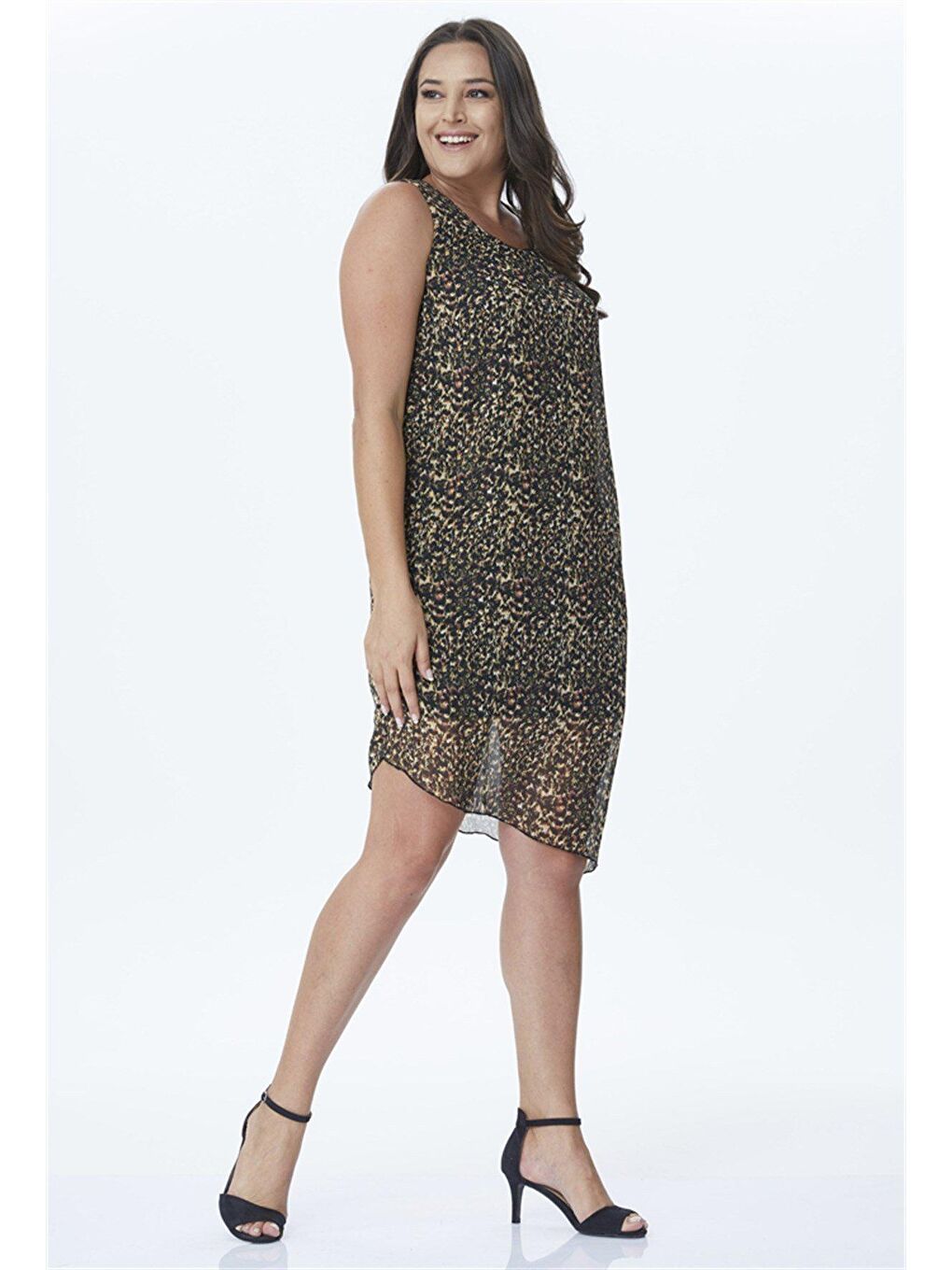 Kahverengi Kolsuz Asimetrik Elbise