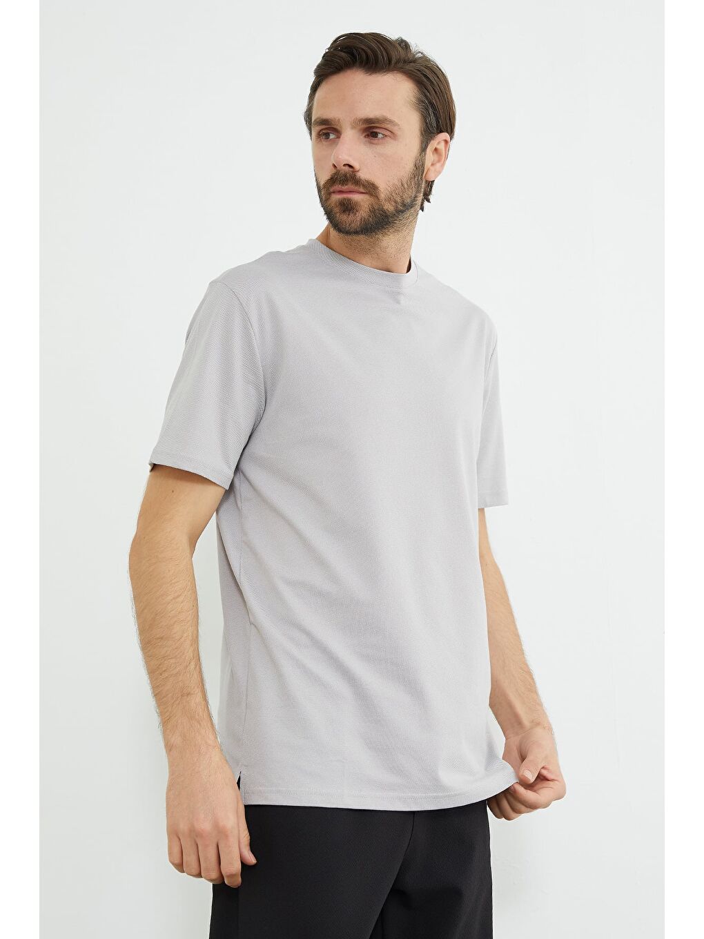 Gri Oxford Kumaş Bisiklet Yaka Tişört-1