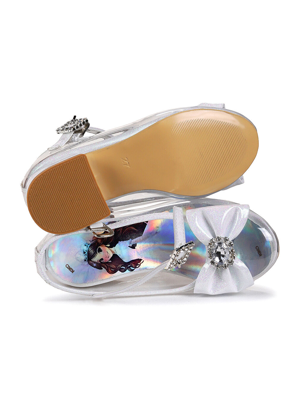 Beyaz Asel Kız Çocuk Simli Topuklu Abiye Şeffaf Ayakkabı-4