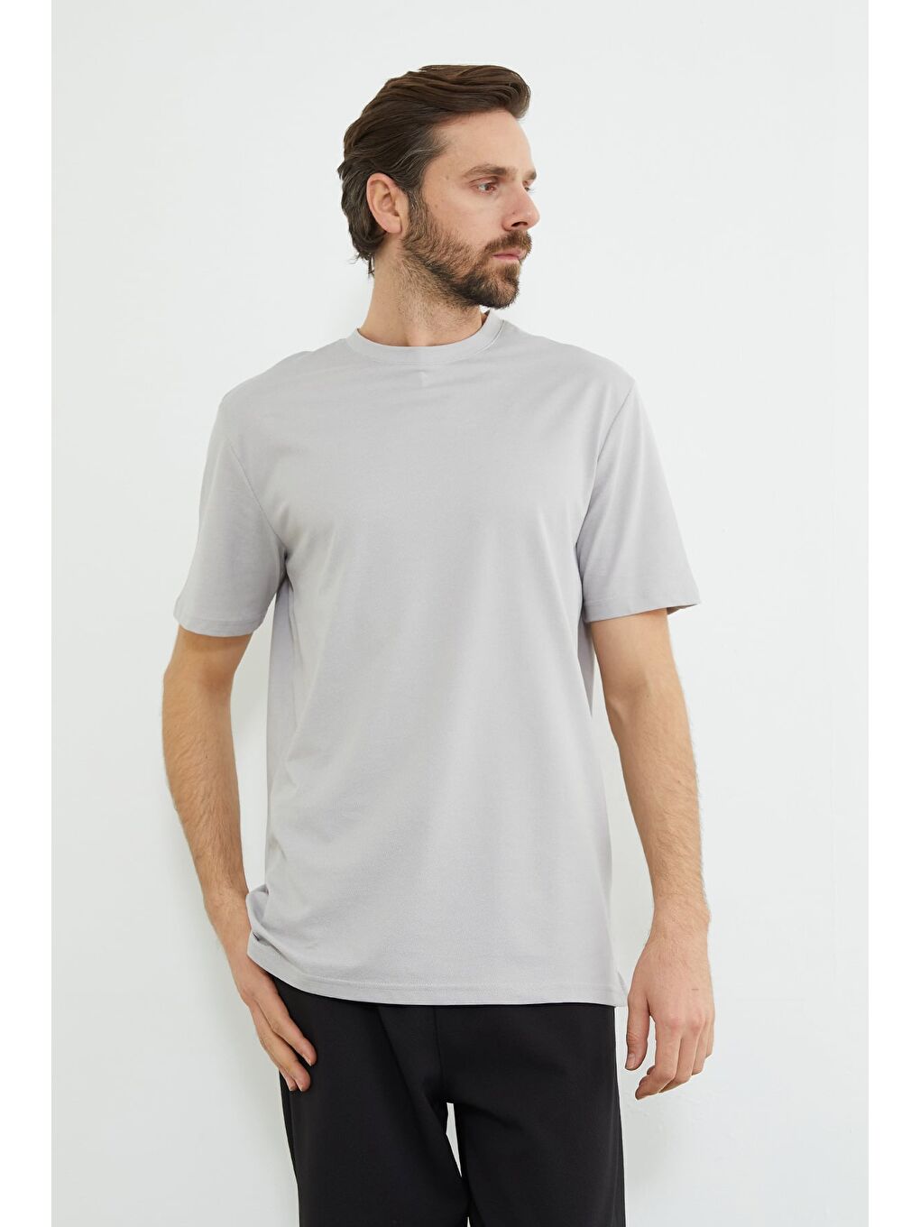 Gri Oxford Kumaş Bisiklet Yaka Tişört-2