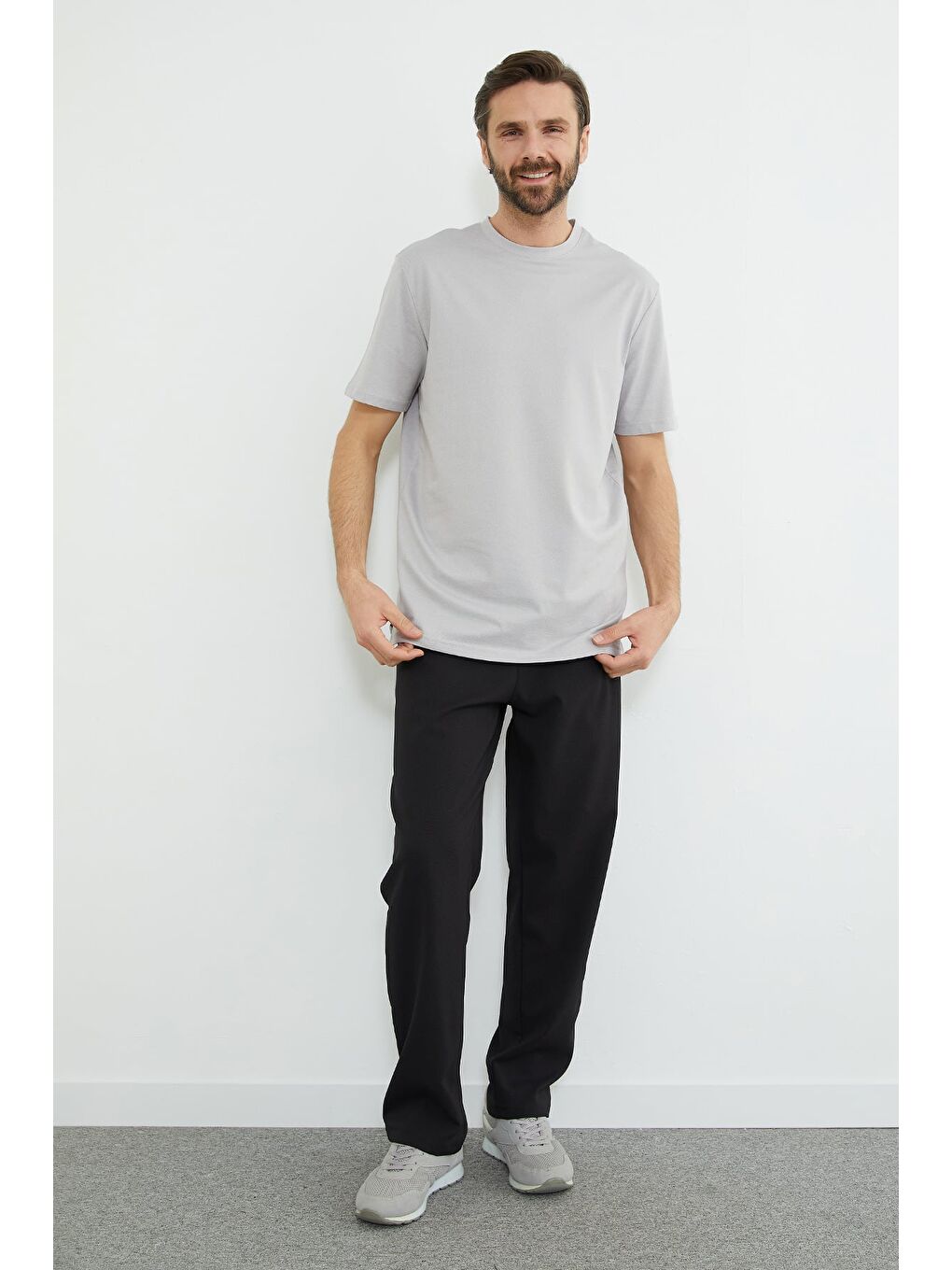 Gri Oxford Kumaş Bisiklet Yaka Tişört-3