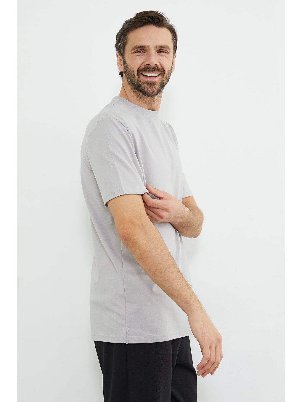 Gri Oxford Kumaş Bisiklet Yaka Tişört-4